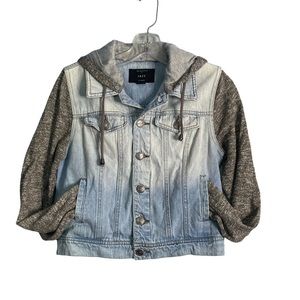 Iris Los Angeles women’s blue distress knit sleeve hooded denim jacket size M